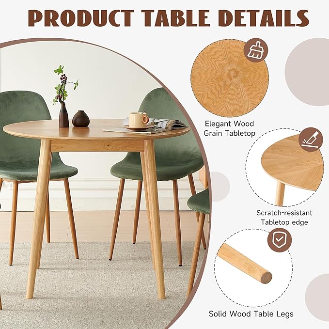 Small Oak Round Dining Table Set for 4, Modern 35'' Kitchen Coffee Table with 4 White Teddy Velvet Dining Chairs for Dining Room Apartment