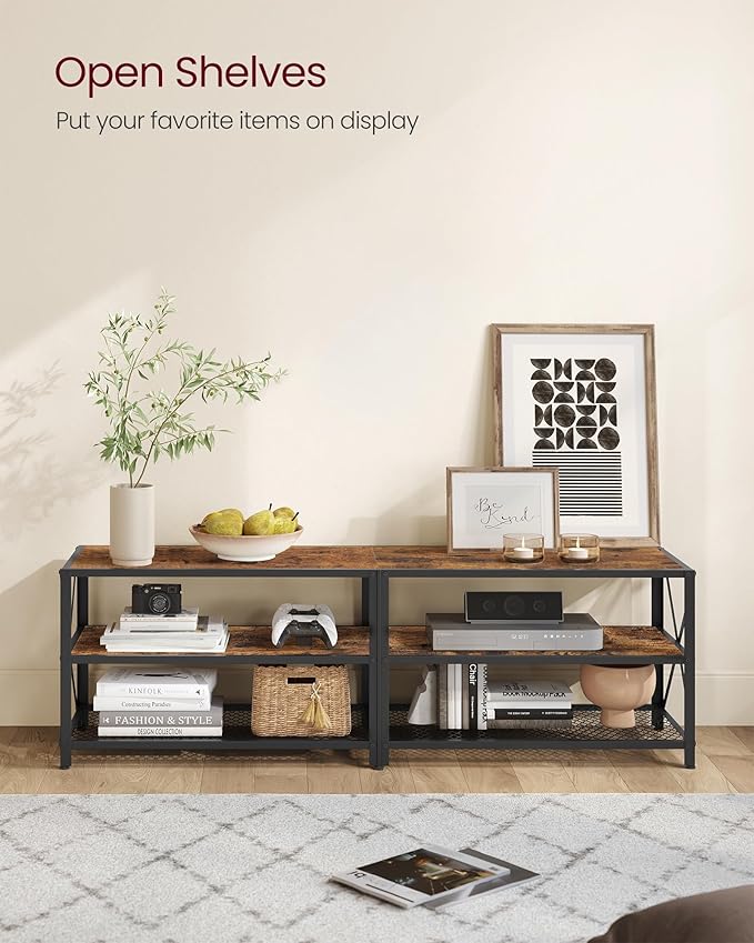 VASAGLE TV Stand for TV up to 70 Inches, TV Table, Entertainment Center, 3-Tier TV Console, Steel Frame, Industrial Style, for Living Room, Rustic Brown and Black ULTV095B01