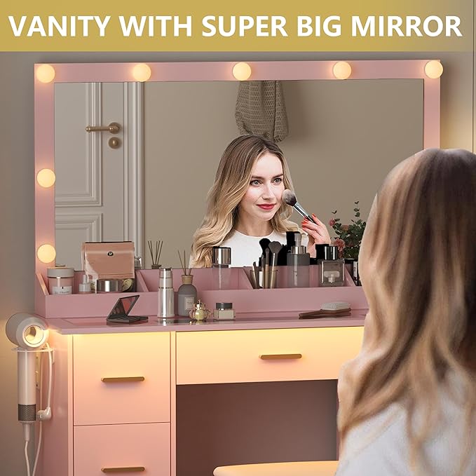 Makeup Vanity Desk with Large Lighted Mirror and Lights, Glass Top Vanity Table Set with 7 Drawers, Power Outlet & Storage Stool, Dressing Table with RGB Ambient Light for Women Girls Bedroom, Pink