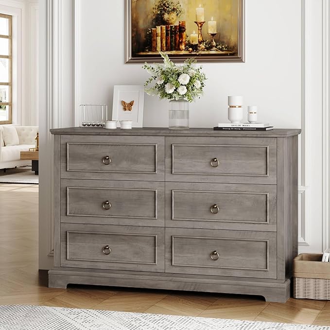 HOSTACK 6 Drawer Dresser for Bedroom, Modern Farmhouse Chest of Drawers, 47.2" Wide Wood Double Dresser, Rustic Brown Storage Cabinet for Living Room, Entryway, Hallway, Ash Grey