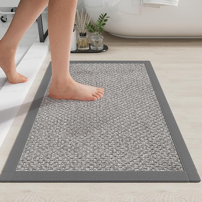 Non Slip Bath Mat Bathroom Rugs, Soft Jute-Like Ultra Thin Bath Mats, Rubber Backing Super Absorbent Quick Dry Bath Rug Shower Mat Fit Under Door Bathroom Floor, Machine Washable, Gray 24" x 36"