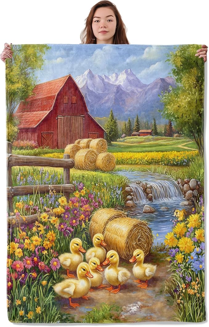 Duckling & Barn Blanket, Soft Cozy Warm Throw Blanket Gifts for Adults Kids Women, Lightweight Comfy Fuzzy Flannel Blankets for Couch, Travel, Car, Home Decor 50×40 Inch