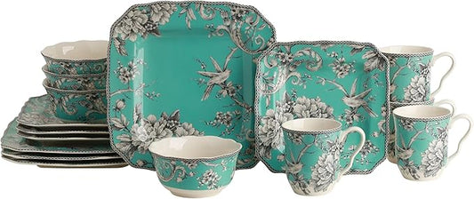 222 Fifth Adelaide 16-Piece Square Floral Dinnerware Set – Service for 4, Turquoise Porcelain Plate, Bowl & Mug Set, Chip Resistant, for Everyday Dining & Entertainment, Microwave & Dishwasher Safe