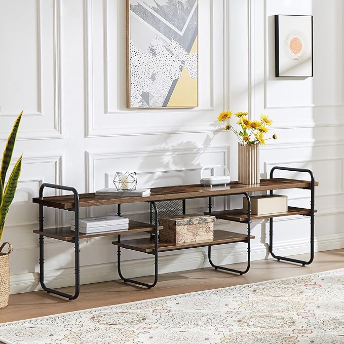 VECELO Industrial Television Stand up to 75 Inch TV,Entertainment Center/Media Console Table with Open Storage Shelves for Living Room/Bedroom,Classic Brown