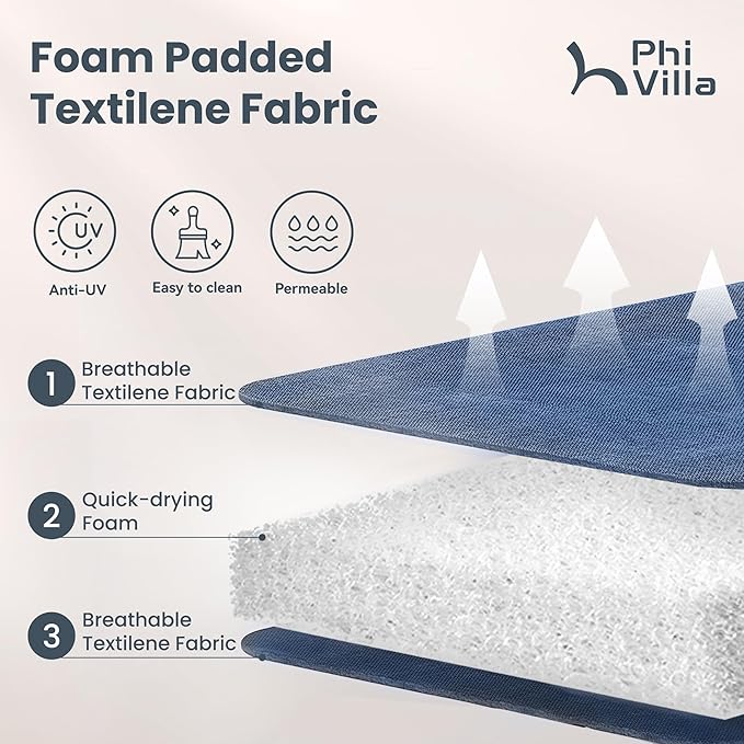 PHI VILLA 5 Piece Outdoor Patio Dining Set with 4 Padded Swivel Dining Chairs & 1 Wood-Look Dining Table, All Weather Blue Chair and Metal Table for Deck Lawn Garden