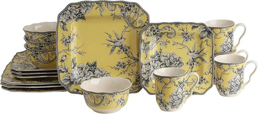 222 Fifth Adelaide 16-Piece Square Floral Dinnerware Set – Service for 4,Yellow Porcelain Plates & Bowls, for Everyday Dining & Entertainment, Microwave & Dishwasher Safe, Chip Resistant