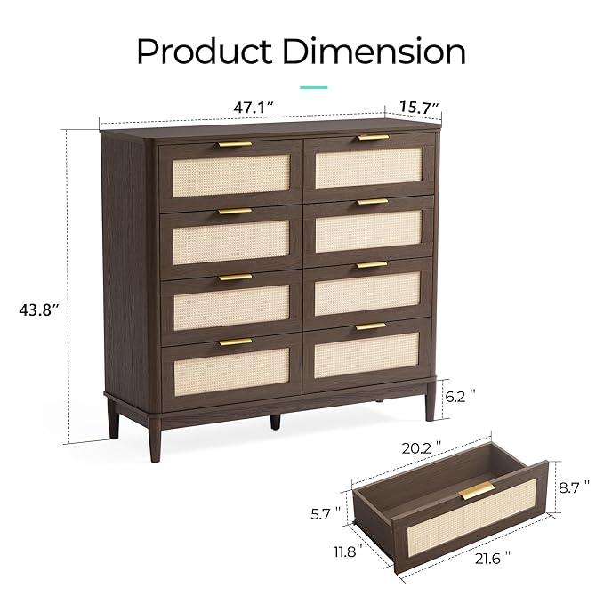 LINSY HOME Rattan Dresser for Bedroom with 8 Drawers, 54" Wide Chest of Drawers, Mid Century Modern Dresser TV Stand with Metal Handle, Wood Closet Storage Cabinet for Living Room, Hallway, Walnut