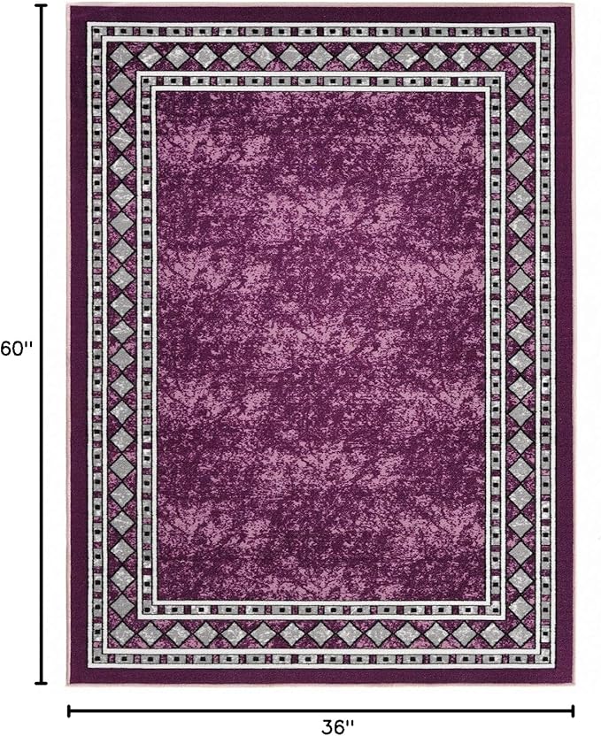 Antep Rugs Alfombras Modern Bordered 3x5 Non-Skid (Non-Slip) Low Profile Pile Rubber Backing Indoor Area Rugs (Purple, 3' x 5')