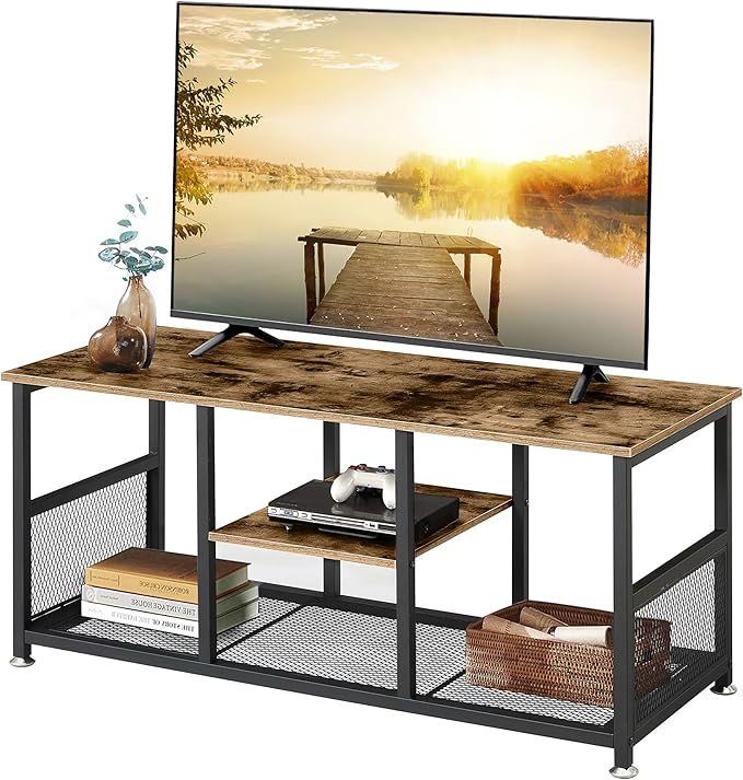 VECELO TV Stand Up to 50 Inches, 39 Inch Industrial Entertainment Center Media Console with Open Storage Shelves, Wooden Coffee Table with Metal Frame, Brown