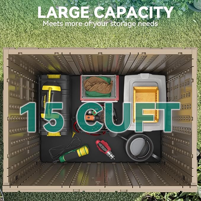 YITAHOME Outdoor Storage Cabinet with 2 Shelves, Waterproof Resin Horizontal Tool Shed, Lockable 15 cu. ft. Storage Shed for Patio, Garden, Yard, Brown