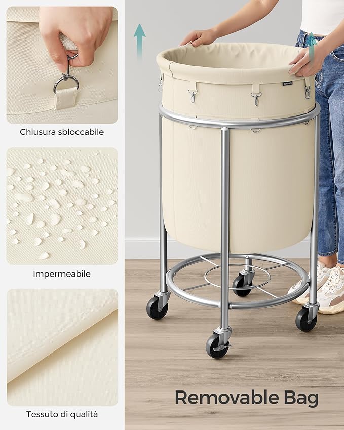 SONGMICS 29-Gallon (110 L) Laundry Basket with Wheels, Rolling Round Heavy-Duty Laundry Hamper Cart with Steel Frame and Removable Bag, 2 Locking Wheels, Cream White and Metallic Silver URLS002W01