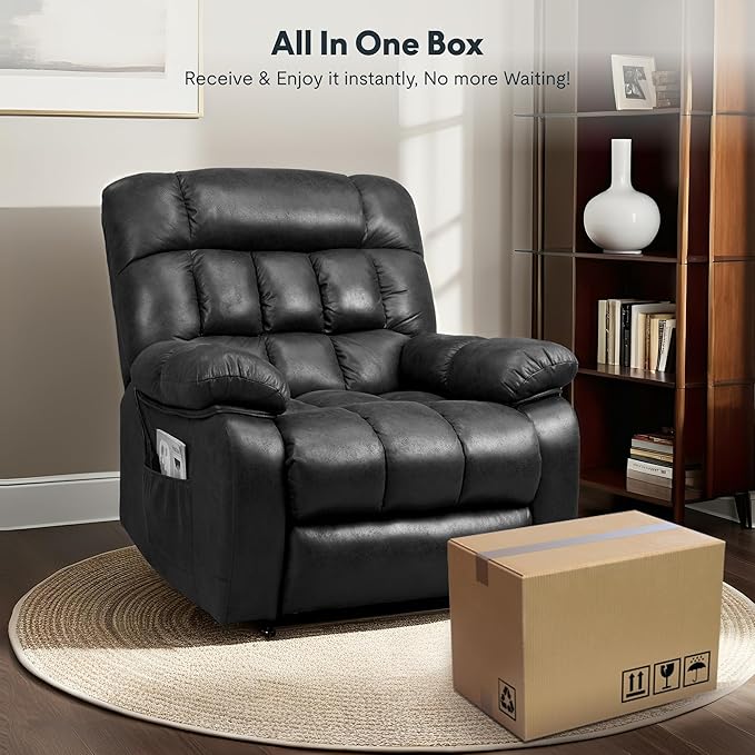 FLEXISPOT XL51 Dual OKIN Motor Power Lift Recliner Chair for Elderly, Lay Flat Electric Recliner with Massage & Heat, USB Ports, Faux Leather Reclining Sofa for Living Room Bedroom, Black