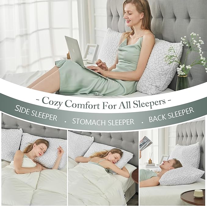 BPC Premium Rayon Derived from Bamboo Pillows Queen Size Set of 2 - Adjustable Shredded Memory Foam Pillow with Removable Cover Firm Pillow for Side Stomach and Back Sleepers, CertiPUR-US