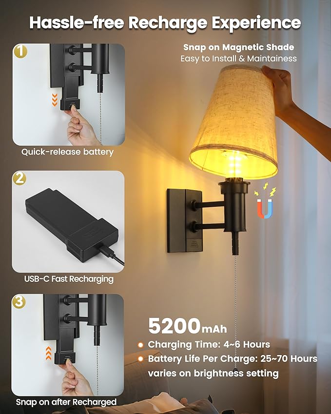 Rechargeable Battery Operated Wall Sconces Set of 2, Wireless LED Wall Lights with Remote & On/Off Pull Chain, Wall Mounted Lamp Lighting Fixture Decor for Bedroom Living Room, Matte Black