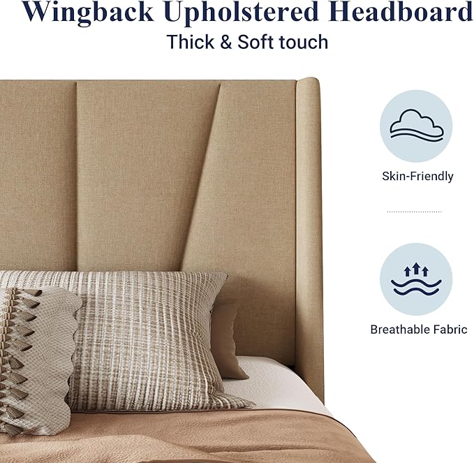 Allewie King Size Platform Bed Frame with Geometric Wingback Headboard, Modern Upholstered Bed with Wooden Slats Support, No Box Spring Needed, Easy Assembly, Beige