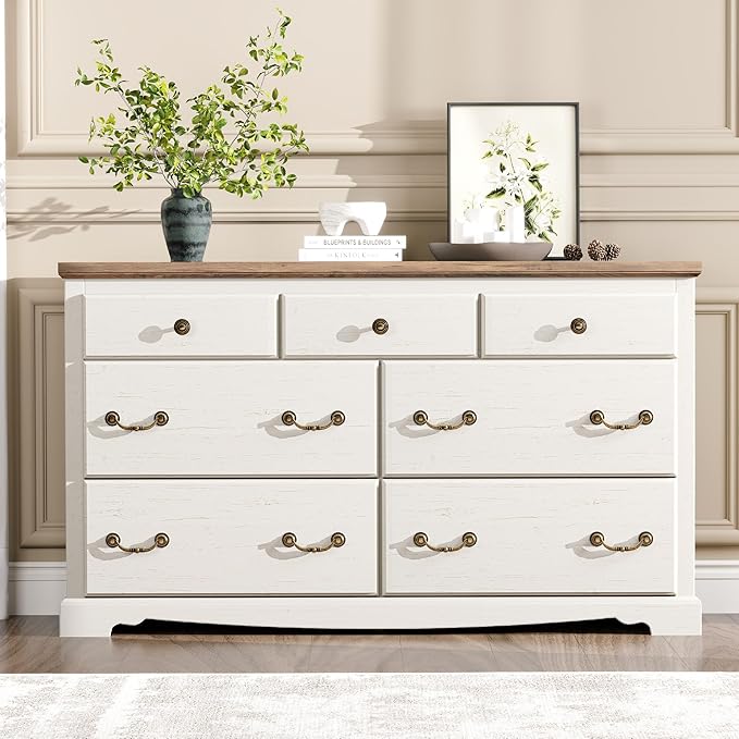 Farmhouse 7 Chest of Drawers for Bedroom, 54" Wide Wood Dresser with Bronze Retro Handles & 3D Drawer Fronts, Closet Dresser for Bedroom, Hallway, Antique White