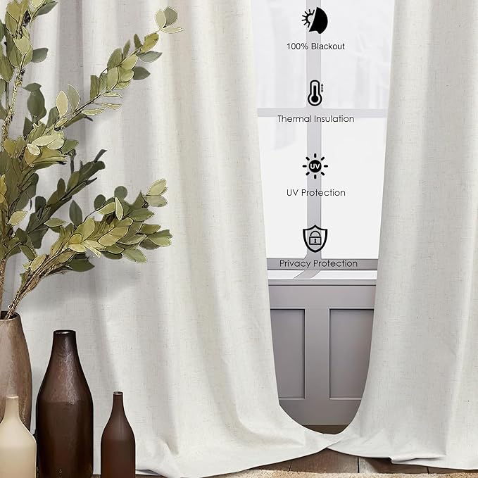 Natural Linen Blackout Curtains 84 Inch Length 2 Panels for Bedroom Living Room Darkening 100% Black Out Ivory Cream Curtain with White Back Tab Modern Farmhouse Thermal Insulated Boho Drapes 7ft Long