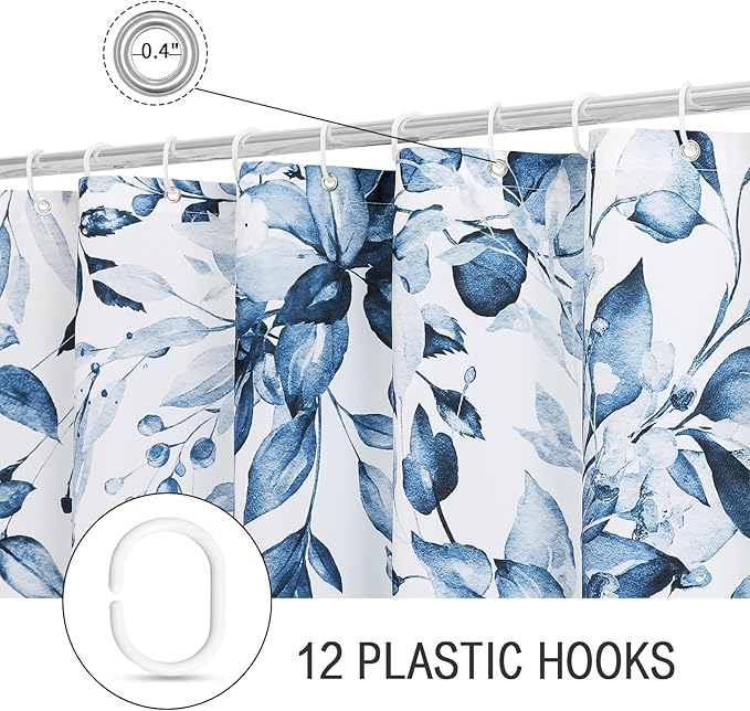 Gibelle Long Shower Curtain 72 x 78, Navy Blue Floral Shower Curtain for Bathroom, Watercolor Plant Eucalyptus Leaves Fabric Shower Curtain Set with Hooks
