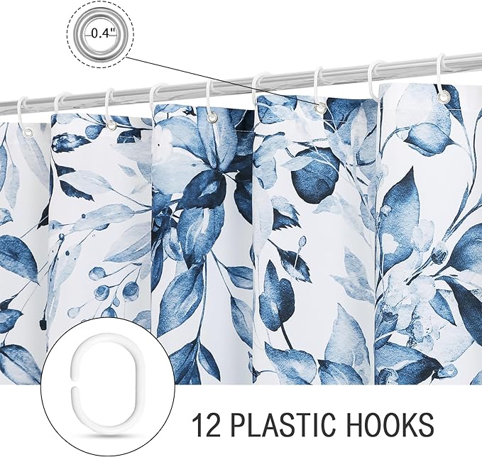 Gibelle Navy Blue Eucalyptus Shower Curtain, Watercolor Plant Leaves with Floral Bathroom Shower Curtain Set with Hooks, 72x72