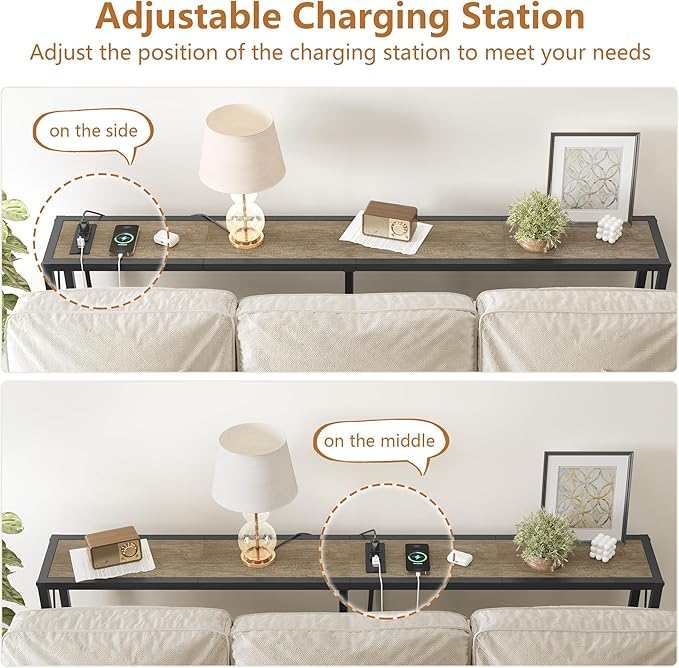 Sofa Table with Oulets and USB Ports, 55.1" Couch Table Behind Sofa, Industrial Long Skinny Stand for Hallway, Living Room, Bedroom, 6.5 Feet Power Cord