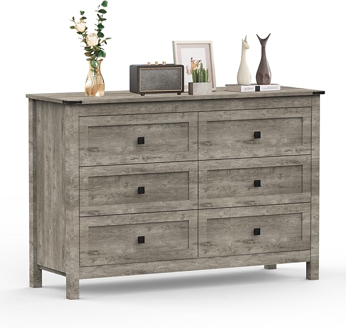 Farmhouse 6 Drawer Dresser for Bedroom, Wide Wood Dresser with Metal Handle for Bed Room, Hallway, Light Grey Rustic Oak