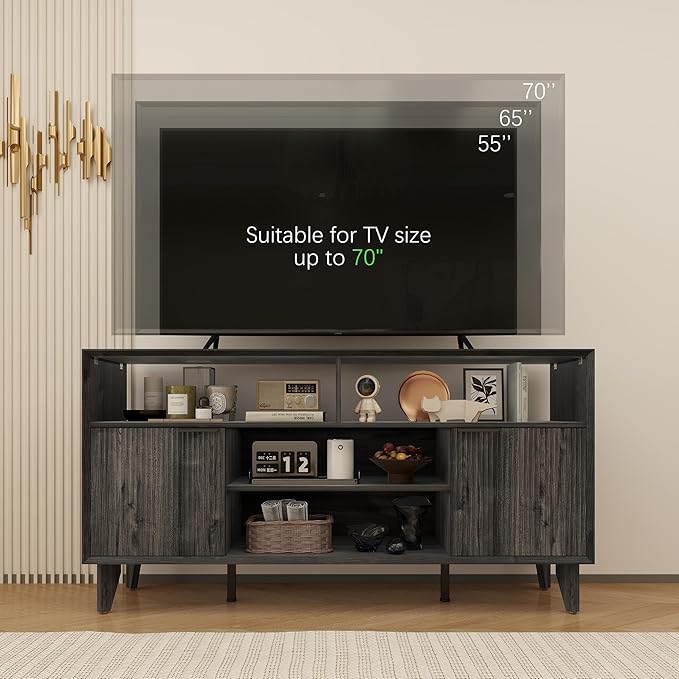 Fluted TV Stand for 70 inch，Entertainment Center with Storage Cabinets, Modern TV Console with Open Adjustable Shelves, TV Stand for Living Room Bedroom, Black&Grey