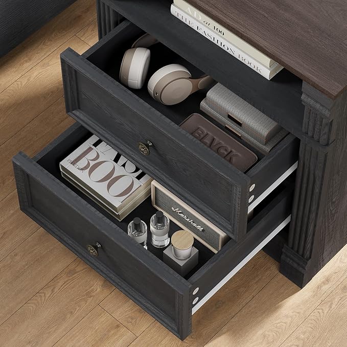 Yaamizz Farmhouse Nightstands Set of 2 with Charging Station, Table with Drawer and Storage Shelf, Wood Pilasters and Metal Handles, Vintage Design, Organizer for Bedroom, Hallway, Black