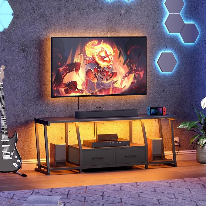 LED TV Stand with Fabric Drawers for 65 Inch TV, Entertainment Center with Power Outlets and Open Storage Shelves, Industrial Media TV Console Table for Living Room, Bedroom, Black