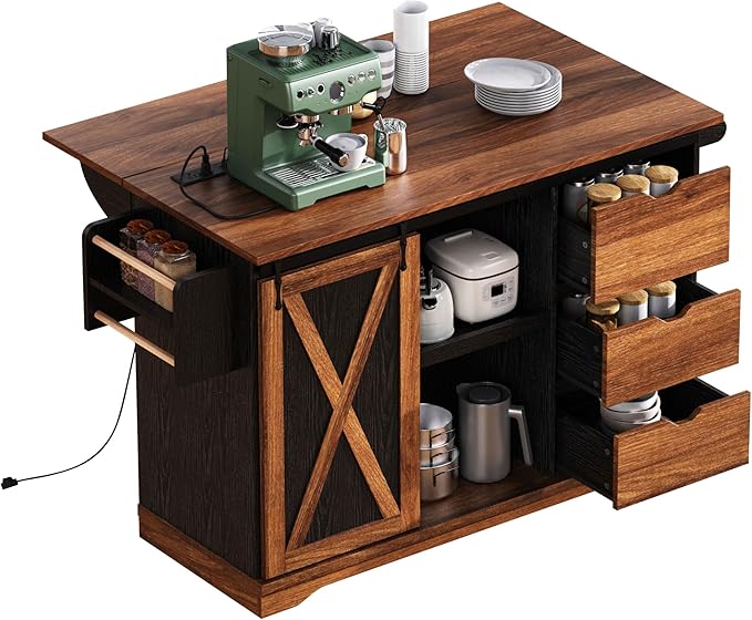 55.5" Farmhouse Kitchen Island Storage Cart with Drop Leaf, Sliding Barn Door, Power Outlet, Spice Rack & 3 Drawers, Rolling Kitchen Cart on Wheels for Kitchen, Dining Room, Black