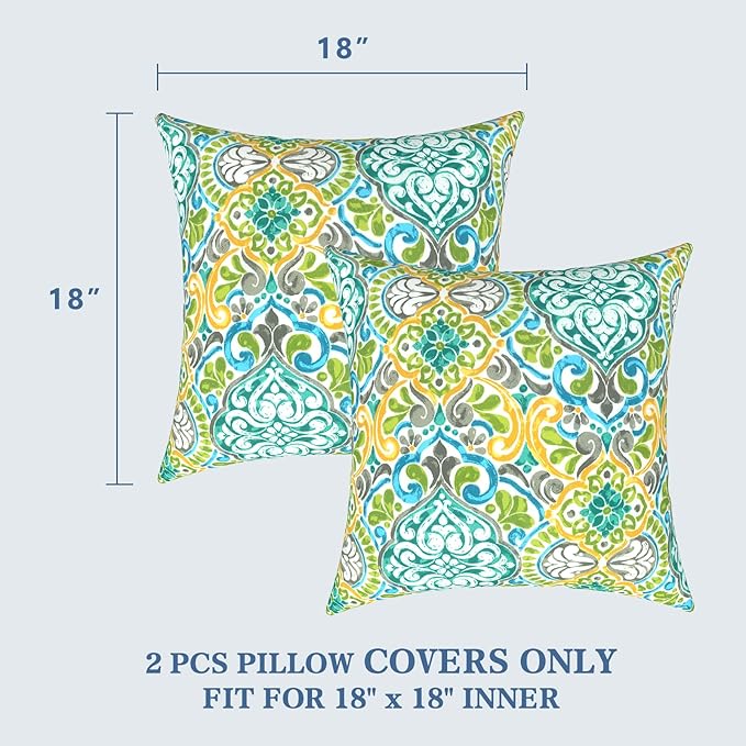 LVTXIII Outdoor Pillow Covers ONLY, Square Throw Pillow Covers, Modern Cushion Cases for Sofa Patio Couch Decoration 18 x 18 Inch, Pack of 2, Damask Green