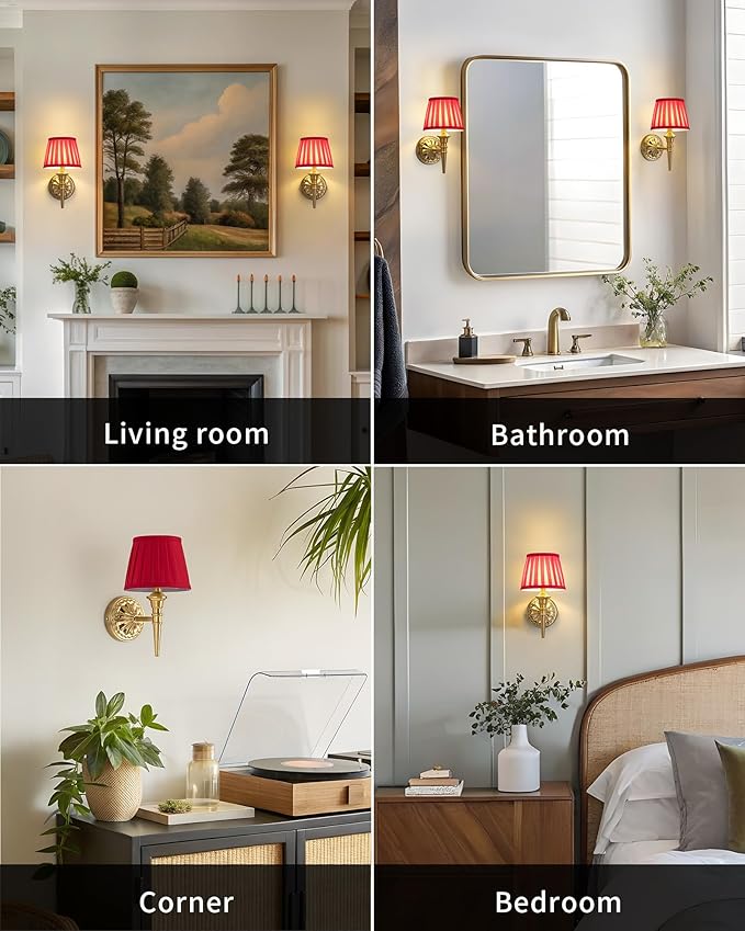 KDG Cordless Wall Sconces Set of 2, Small Wireless 5200mAh Rechargeable Battery Fabric LED Wall Lamps, Portables Lightings for Wall Painting, Living Room, Bedroom, Hallway, Gifts, Night Light (Red)