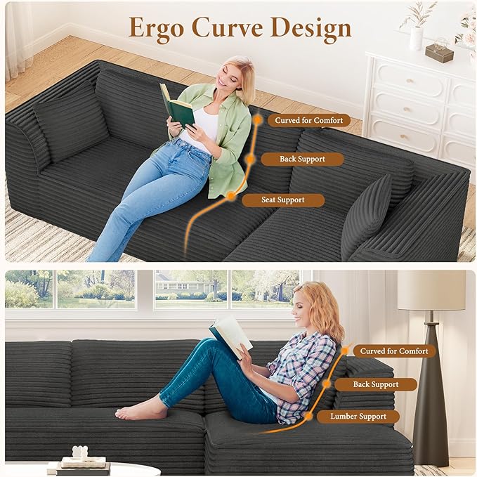 Vesgantti 106" Modular Sectional Sofa with Chaise, Deep Seat Comfy Cloud Couch Corduroy L Shaped Sofa Sectional Couches for Living Room Bedroom, No Assembly Required (Grey, Right-Facing Chaise)