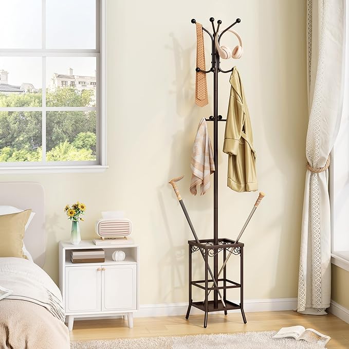 Hoctieon Coat Rack Freestanding, Coat Tree with Umbrella Holder, Metal Coat Rack Stand with 12 Hooks, Standing Coat Hanger Stand, Umbrella Stand for Entryway, Hat Rack Stand for Home Office, Brown