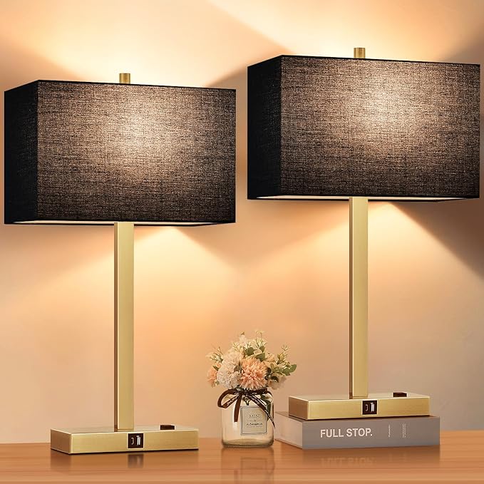 21" Touch Bedside lamps with 2 USB & AC Outlets, 3-Way Dimmable Bedside Table Lamps Set of 2 for Bedroom Living Room Office Reading, Black Shade Lamps for Night Stands, 2700K LED Bulbs Included