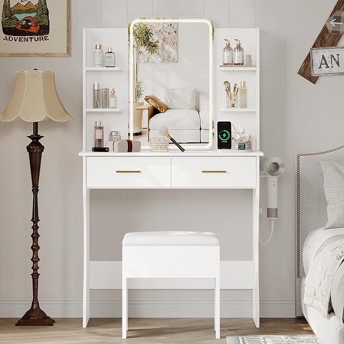 Small Vanity Desk with Mirror and Lights, Makeup Vanity with LED Lights, White Vanity Mirror with Lighted Desk and Chair, 3 Lighting Adjustable Compact Dressing Table with Mirror for Women, Girls