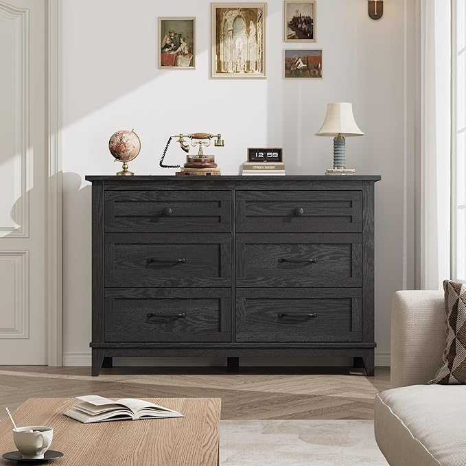 GarveeHome 6 Dresser for Bedroom, 47" Wide Drawer Dresser with Storage Freestanding, Wooden Closet Storage Chest for Living Room, Bedroom, Entryway, Black