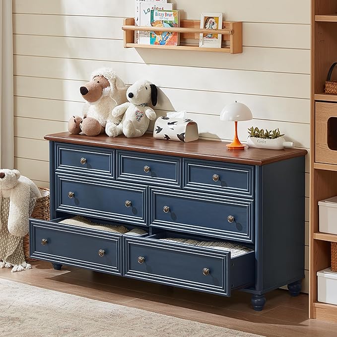 7 Drawers Dresser for Bedroom, Farmhouse 54" Wide Wood Dressers Chest of Drawers, Vintage Design TV Stand, Rustic Storage Dresser Organizer with Metal Handle Closet for Living Room, Hallway