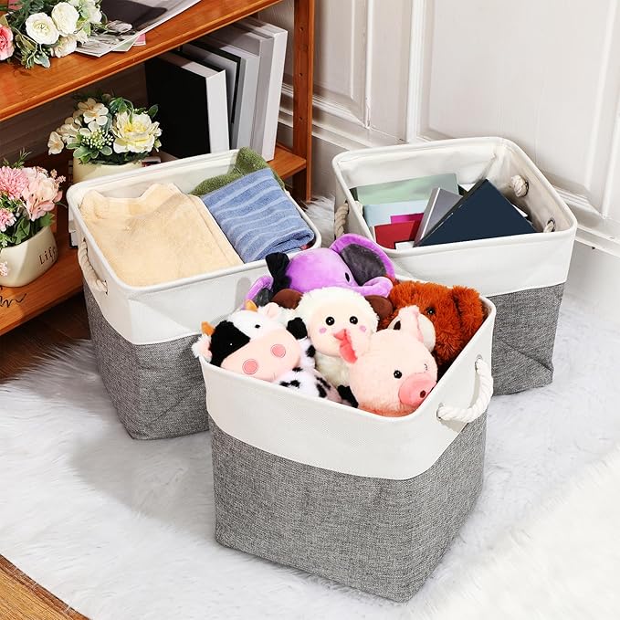 meekoo 8 Pack Collapsible Storage Bins Fabric Storage Bins Polyester Fabric Baskets with Handles Linen Closet Organizer for Shelf Home Closet Towels Toys(12 x 12 x 12 in,Gray White)