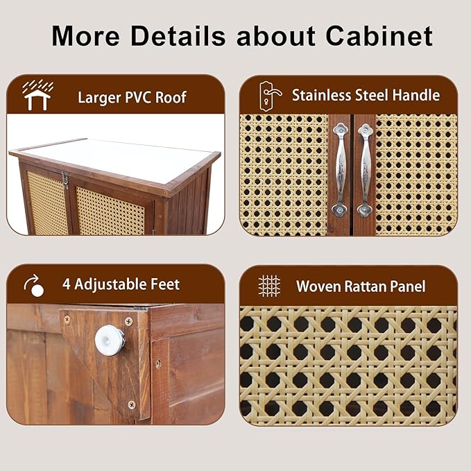 60 Inches Outdoor Storage Shed, Wood Shed with Rattan Indoor Storage Cabinet with Floor, Adjustable Shelves for Patio, Garden,Lawn and Living Room, Carbonized Black