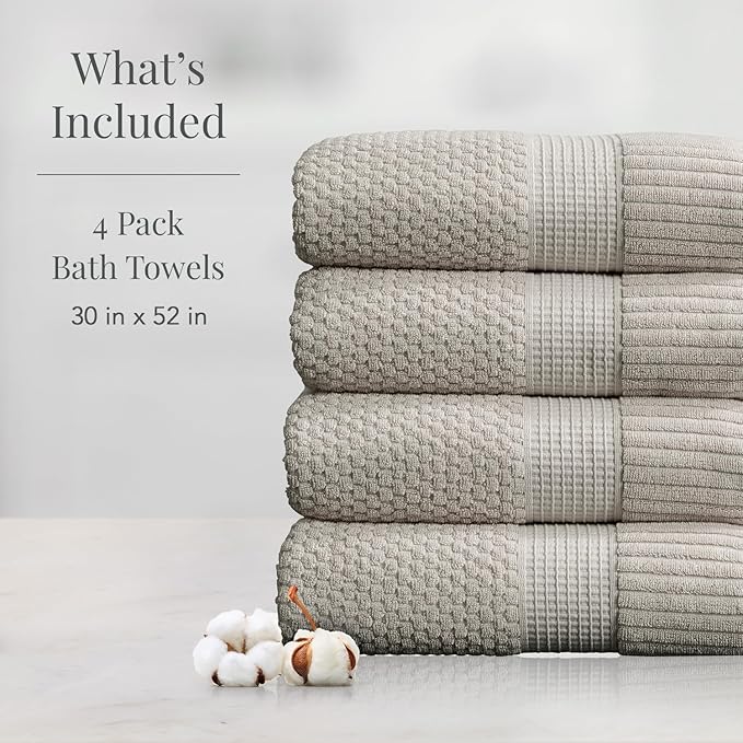 NY Loft 100% Cotton Bath Towel 4 Pack | Super Soft & Absorbent Quick-Dry Bath Towels 30" x 52" |Textured and Durable Cotton | Trinity Collection (4 Pack Bath Towel, Quiet Grey)