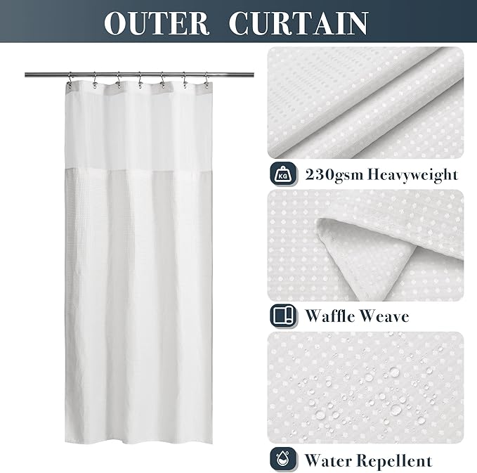 N&Y HOME Stall Waffle Weave Shower Curtain with Snap-in Fabric Liner & Hooks Set - 36" x 72" Small Shower Stall Size, Hotel Style & Mesh Top Window, Machine Washable - 36x72, White