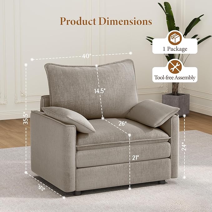 Vesgantti 40" Single Seat Sofa, Comfy Cloud Couch Deep Seat Upholstered Couch Chenille Modern Sofa with Armrest Pillow, Easy Assembly for Living Room, Bedroom and Apartment, Light Brown