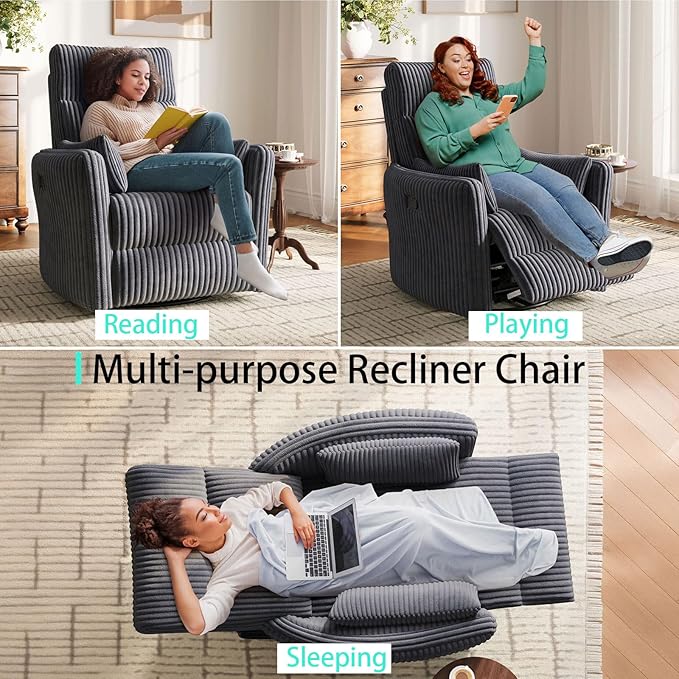 LINSY 360 Swivel Recliner Chair: Corduroy Rocking Chair Nursery Glider Chairs with 2 Pillows Comfy High Back Adult Recliner for Small Spaces, Living Room Bedroom Nursery Reclining Chairs, Dark Grey