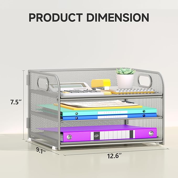 3 Tier Paper Organizer with Handle, Metal Desk Organizer Mesh Paper Letter Tray Desktop File Folder Document Sorter for Classroom, School, Office Accessories Organization and Storage - Silver