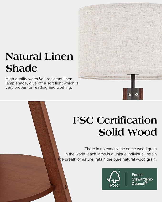 ELYONA Tripod Floor Lamp with Shelves, 3 Color Temperatures LED Modern Wood Table Reading Standing Light, Wooden Shelf Floor Lamp for Farmhouse Living Room Bedroom Office Nature Linen Shade,Brown