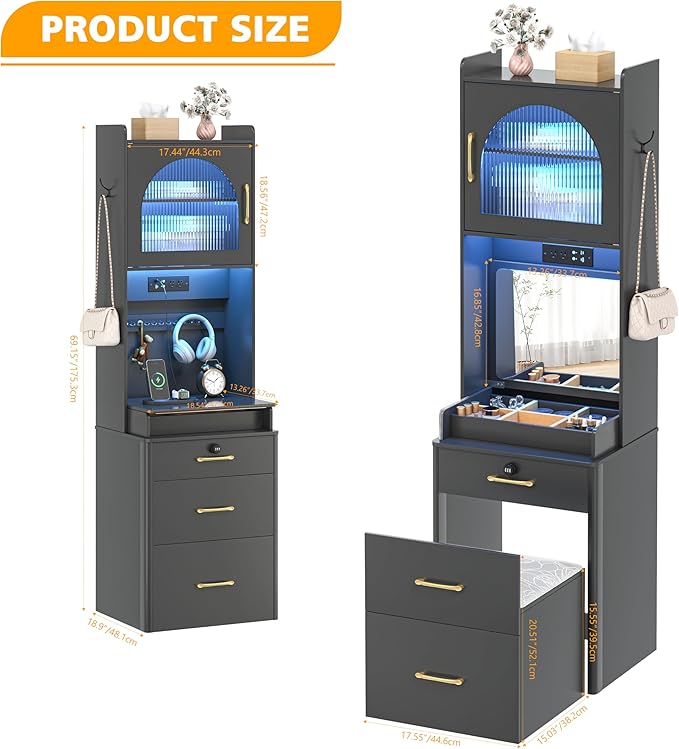 KAMABOKO Vanity Desk with Mirror and Lights, Large Makeup Vanity Table Set with Drawers & Cabinets & Power Outlet, 3 LED Lights Modes Adjustable (029 Black)