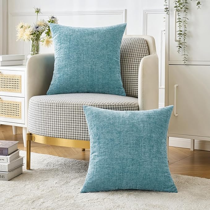 MIULEE Pack of 2 Couch Throw Pillow Covers 18x18 Inch Soft Smoke Blue Chenille Pillow Covers for Sofa Living Room Solid Dyed Pillow Cases