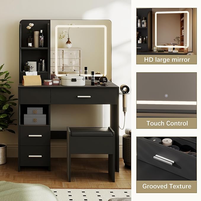 Vanity Desk with Mirror and Lights, 3 Adjustable Lighting Makeup Vanity Desk with 3 Storage Shelves, 5 Large Drawers and Power Outlet, Black Vanity with Chair for Bedroom