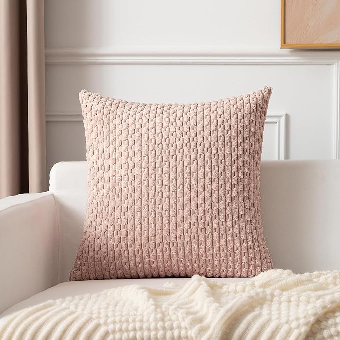 Kevin Textile 24x24 Pillow Covers 2 Packs Pink Throw Pillow Covers with Stripe Pattern Super Soft Corduroy Square Solid Cushion Cover Valentines Day Gifts for Couch Sofa Bedroom Living Room 60x60 cm