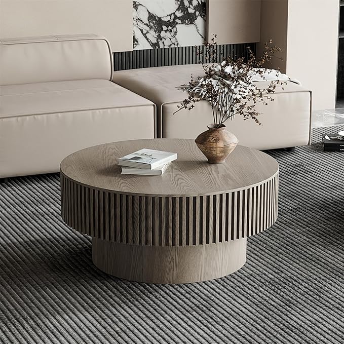 Round Coffee Table for Living Room, Accent Fluted Drum Coffee Table with Storage, Modern Solid Wood Veneered Circle Center Tea Table for Small Space Apartment (31.5''D×14''H-Grey)